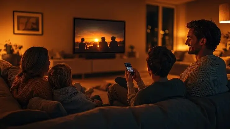Familie schaut Fernsehen mit IPTV Deutschland auf Smart TV